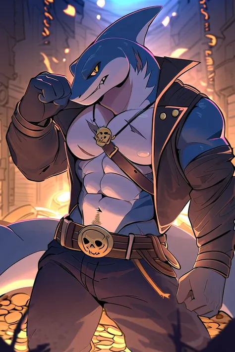 masterpiece, Blue Shark, dark blue fur, Muscular, strong physique, blue beard, yellow eyes, eyes are shining、 strong jaw, Alone, great lighting, very manly, sweaty, Fantasy theme , Killer in Gang , pirate costume, weapons on belt, skull medal, scars ,coins...