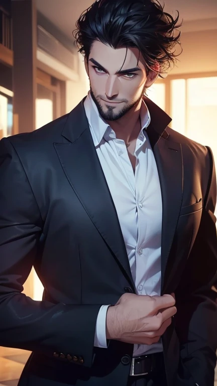 (  best quality,4K,8k,  highres,  masterpiece :1.2),  ultra-detailed  ,(realistic,photorealistic,photo-realistic:1.37),34 years old, man,3 day beard,cute anime ,Portraits,strong,Masculine,  with dark hair  ,sharp jaw,    mesmerizing eyes    ,  perfectly co...