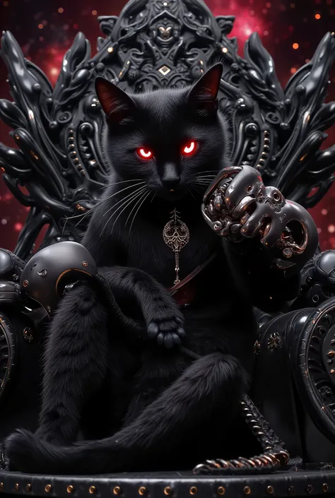 gatto cattivo con gli occhi luminosi rossi , eating a big mouse, attractive pose , sparkling body ,  looks down the spectator from the luxurious black throne, super arrogant and pompous attitude , .  surrounded by small skulls, beautiful galaxy .