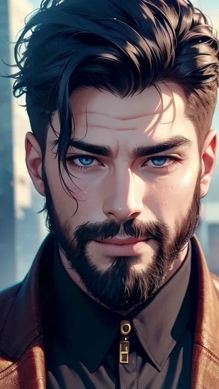 (  best quality,4K,8k,  highres,  masterpiece :1.2),  ultra-detailed  ,(realistic,photorealistic,photo-realistic:1.37),34 years old, man,3 day beard,cute anime ,Portraits,strong,Masculine,  with dark hair  ,sharp jaw,    mesmerizing eyes    ,  perfectly co...