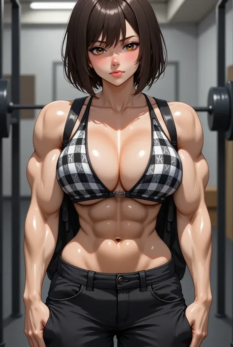 Anime beautiful woman, tomboy, short hair, dark brown hair color, almond eyes shape, cynical face, brown eyes, medium tan skin tone color, college, casual college outfit, black and white plaid, black cargo pants, backpack, work out gym background, tall, mu...