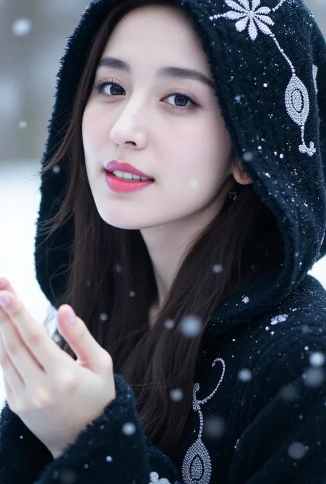 Photorealistic close-up of an enigmatic woman in a dark, snow-dusted cloak with intricate embroidery and subtle silver thread glimmers, her pale skin and pink lips standing out against the cold, wintry background, with her eyes reflecting the soft light of...