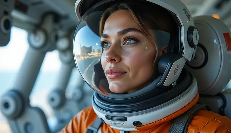 A close-up portrait of a female astronaut in a high-tech white space suit with brown and blue accents, featuring intricate details and a futuristic design. She gazes into the distance with a hopeful and determined expression, her helmet's reflective visor ...