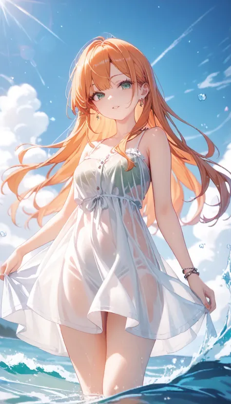 (masterpiece,  best quality), (( 1 girl, Alone,  long hair)), Ishmael_edge,   must be kept with an innocent expression, Bare wrist,  shoulder out, Bareneck, watercolor,  sundress, liquid clothes , water, Wave, water dress, green_theme,   knight ,  mist,  d...