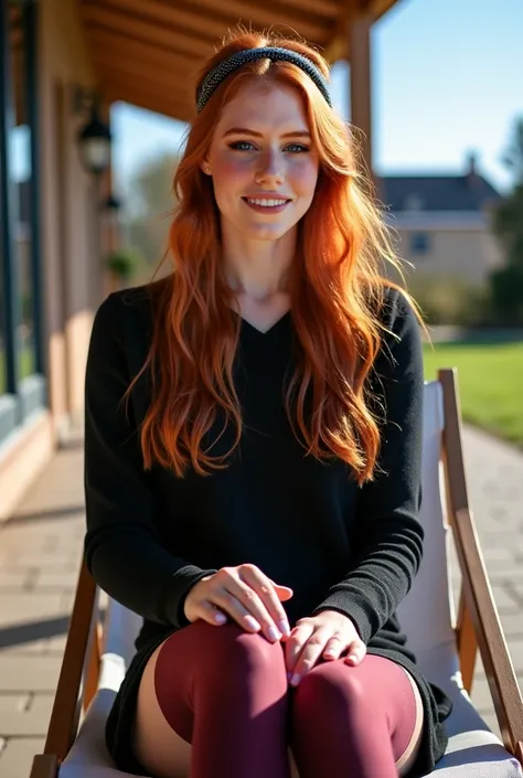 Realistic upper body of a beautiful young German woman with long red hair , headband, collar, to smile.  Beautiful legs and high heels  , She sits on a beach chair,  She wears a short black knitted dress with long sleeves and burgundy stockings,  At the fr...