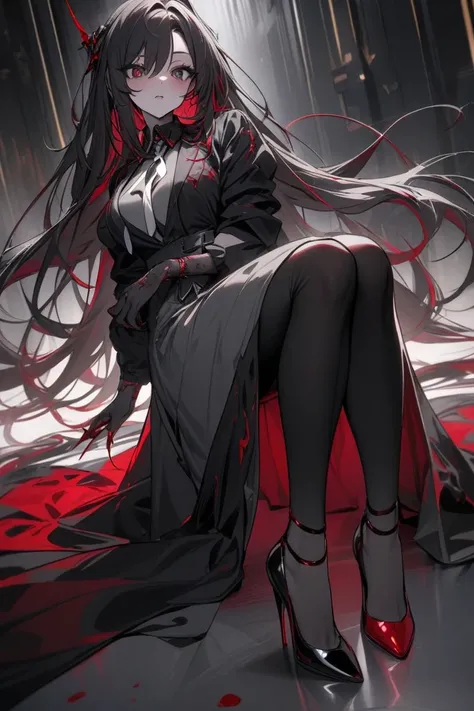 (masterpiece), best quality, expressive eyes, perfect face, Woman in her 30, extremely gorgeous, dark long hair with blood red reflect and black eyes with (red "X"-shaped pupils). The outfit consists of a "X"-shaped white-greyish overcoat that has long tai...