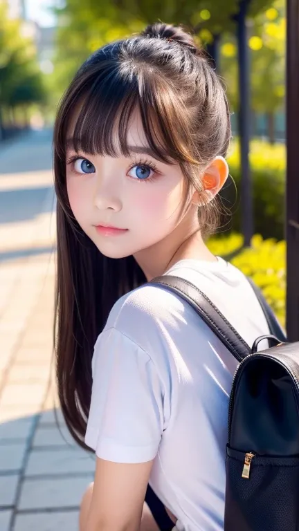   beautiful girl alone、portrait、garden、 blue sky、Bright and beautiful face、 young,  very white shiny skin、The ultimate beauty、 beautiful black hair、On a ponytail knot、Small lips、Red school bag、Long bangs between the eyes,、Extraordinarily beautiful  、big, S...