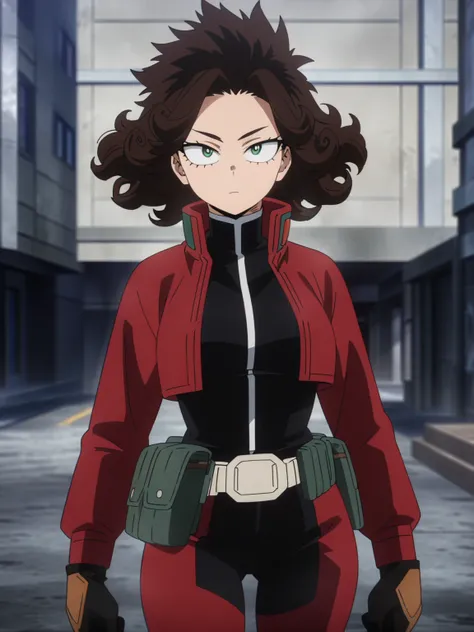 (masterpiece, best quality, anime, anime coloring:1.3, superhigh res). 29yo, 1woman, female, A tall, athletic woman with dark brown curly hair and green eyes. Wears a western-style hero suit, complete with a red duster jacket, cowboy boots, and a high-tech...