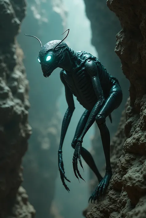 half-man half-ants ,  beings with almond-shaped black eyes that glowed in the dark with human morphology arms and legs that allowed them to climb walls inside rocks,