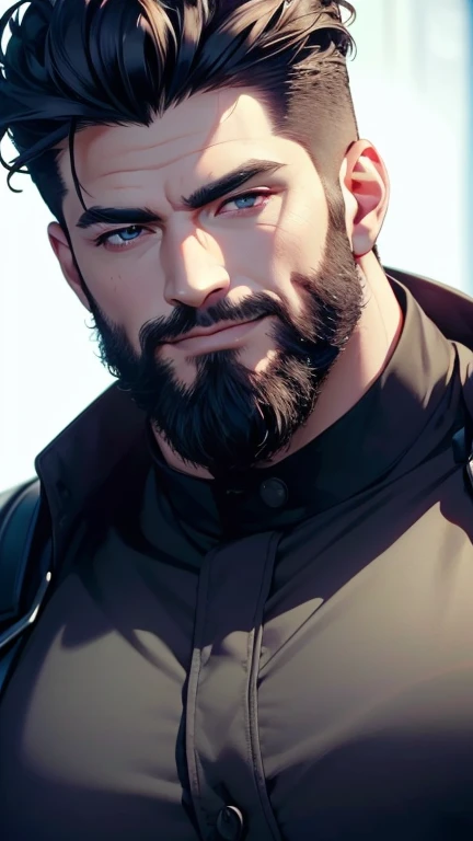 (  best quality,4K,8k,  highres,  masterpiece :1.2),  ultra-detailed  ,(realistic,photorealistic,photo-realistic:1.37),34 years old, man,3 day beard,cute anime ,Portraits,strong,Masculine,  with dark hair  ,sharp jaw,    mesmerizing eyes    ,  perfectly co...