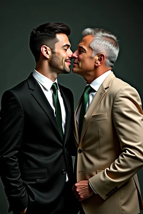 Athletic man, gray-eyed, Formal black hair means sexy smile tall tattooed hands mysterious aura, inviting,  wearing a black suit , Kissing a mature man with gray hair , formal and in good physical condition , dressed in a beige suit with white shirt and gr...