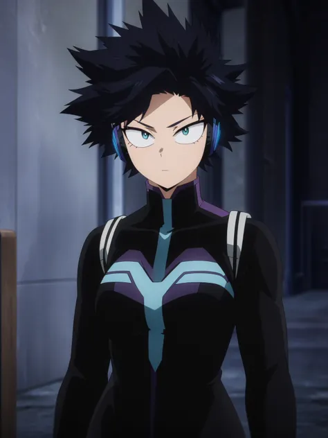 (masterpiece, best quality, anime, anime coloring:1.3, superhigh res). 29yo, 1woman, female, A sleek black and purple bodysuit with soundwave patterns on the chest. Has short blue hair and wears high-tech headphones to control her abilities.


My Hero Acad...