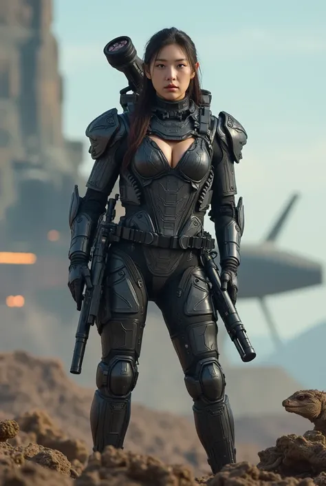 8k, UHD, Realistic, full body, Beautiful, captivating, female super soldier from 20 and Back project, facial mixed of Kim Ji-won, deep cleavage, depending the Kuiper Belt from Draconian, heavily armed, heavily armored combat suit, displaying her advanced w...