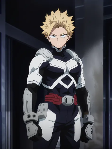 (masterpiece, best quality, anime, anime coloring:1.3, superhigh res). 29yo, 1man, male, A muscular man with a strong jawline, short blond hair, and blue eyes. Wears a sleek red, white, and blue armored bodysuit with star-shaped gauntlets that store excess...