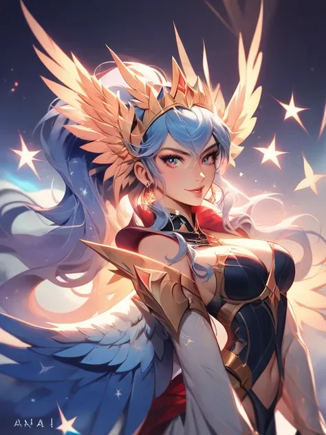  A feminine version of Pegasus of Saint Seiya ,  elegant and powerful ,  wearing heavenly themed armor with flowing hair,  surrounded by luminous constellations and ethereal light , dynamic pose ,  intricate details , bright colors,  cosmic atmosphere --s ...