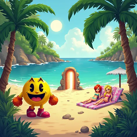 PacMan arrives at a tropical beach with several lovely Pac Babes out sunning in the tropical paradise. Glowing door portal by the shore