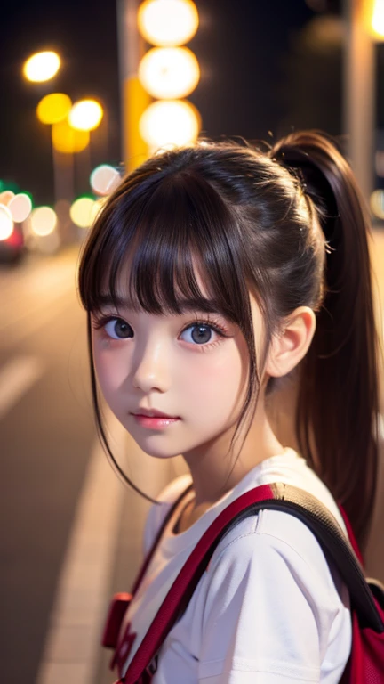   beautiful girl alone、portrait、Bus stop at night、Bright and beautiful face、 young,  very white shiny skin、The ultimate beauty、 beautiful black hair、On a ponytail knot、Small lips、Red school bag、Long bangs between the eyes,、Extraordinarily beautiful  、big, ...