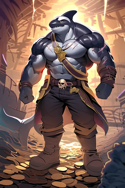 masterpiece, Orca, strong physique, very muscular, yellow eyes, eyes are shining、 strong jaw,  giant biceps, Alone, great lighting, very manly, sweaty, Fantasy theme , Killer in Gang , pirate costume, weapons on belt, skull medal, scars ,coins, Bad boy, po...