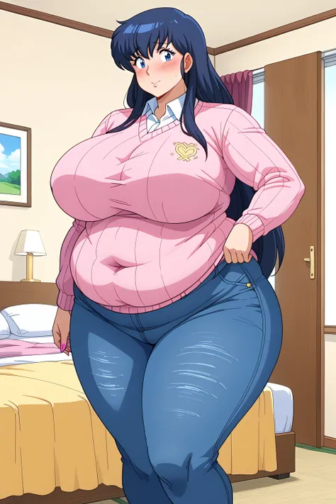  kyoko otonashi, long hair、紺色の髪、Dark blue eyes、 pink sweater 、Blue jeans 、white shirt, collared shirt,gigantic breasts,enormous breasts,Sloppy belly fat,bedroom, troubled expression, embarrassed expression ,blush,milf,Severe obesity, Fat face, ssBBW,weight...