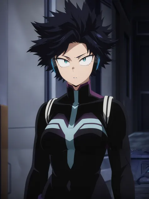 (masterpiece, best quality, anime, anime coloring:1.3, superhigh res). 29yo, 1woman, female, A sleek black and purple bodysuit with soundwave patterns on the chest. Has short blue hair and wears high-tech headphones to control her abilities.


My Hero Acad...