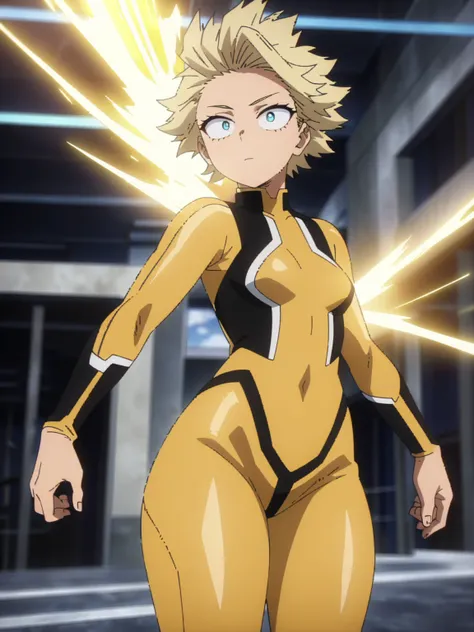 (masterpiece, best quality, anime, anime coloring:1.3, superhigh res). ((Wears a form-fitting, insulated black and yellow bodysuit with glowing energy lines. Has short platinum blond hair with a streak of blue.))


My Hero Academia character, MHA style, an...