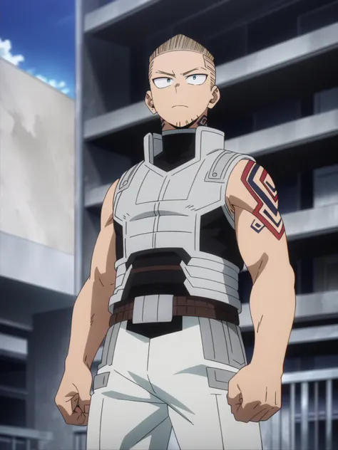 (masterpiece, best quality, anime, anime coloring:1.3, superhigh res). 29yo, 1man, male. A heavyweight fighter with a square jaw, shaved head, and tribal tattoos. Wears a sleeveless red and silver armored vest to accommodate his growing limbs.

My Hero Aca...