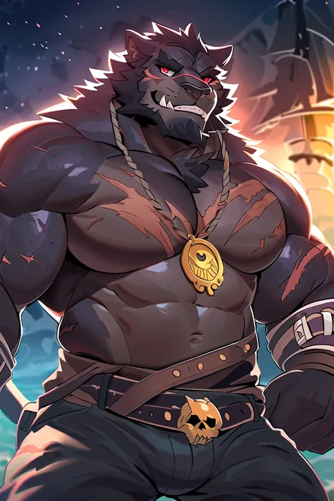 masterpiece, black bara tiger, dark black fur, strong physique, very muscular, black beard, red eyes, eyes are shining、 strong jaw,  giant biceps, Alone, great lighting, very manly, sweaty, Fantasy theme , Killer in Gang , pirate costume, weapons on belt, ...