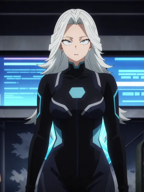 (masterpiece, best quality, anime, anime coloring:1.3, superhigh res). ((A tall, graceful woman with shoulder-length silver hair. Wears a dark blue bodysuit with holographic technology embedded to enhance her illusions.))


My Hero Academia character, MHA ...