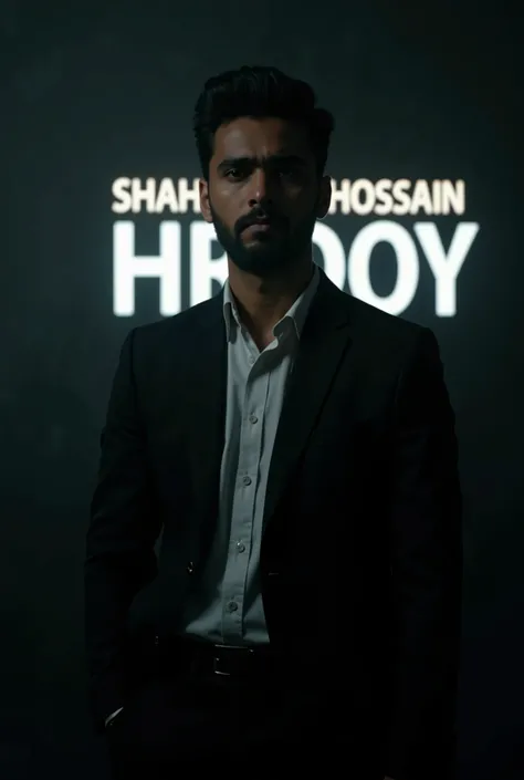 Text Behind & Man Prompt:
Create a highly realistic portrait of a 26-year-old Bangladeshi man named SHAHADAT HOSSAIN HRIDOY,' standing in a dark room. He is wearing a blackblazer and a white shirt. The lighting should be dramatic, focusing on his handsome ...