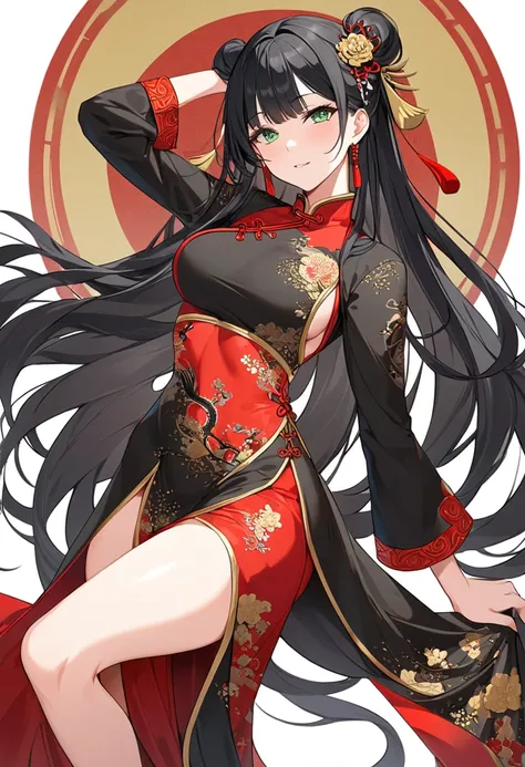 (masterpiece, best quality:1.2), anima style, !!1 women!!, !!!black hair!!!, ((solo)), perfect anatomy, very long hair , !!!black hair!!!, green eyes, good-looking women, golden and red chinese clothes, ultra long skirt