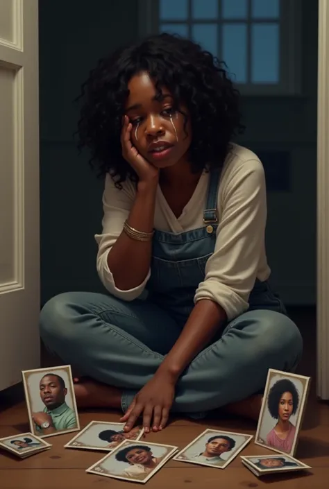 A slumped black woman crying on the floor with family photos next to her, Of a couple. With a white man