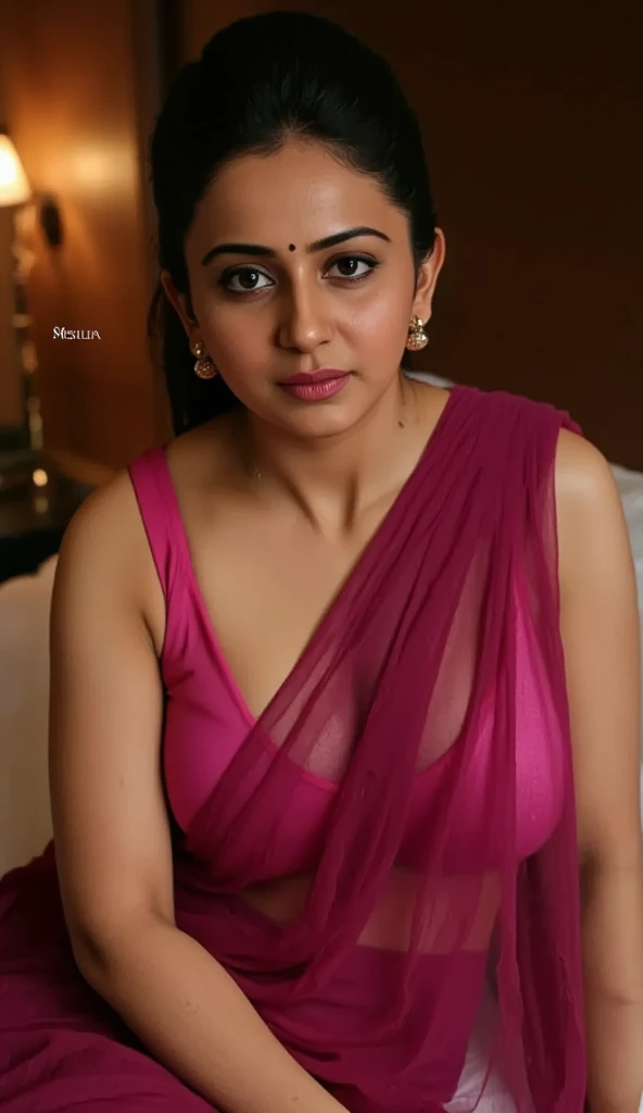 Photo of Voluptuous Mature Indian Aunty, Wet, Wearing tight dark pink Transparent Saree and sleeves light pink blouse, U cut cleavage exposed, Hair tied behind, Sitting on Bed, Dim light in the room.