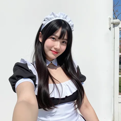 Amateur selfie of a smiling woman in front of a white wall on a sunny day. She has a natural face without makeup, pale skin, and a seductive expression. Her long black hair with bangs frames her face. She is fully dressed in a maid cosplay, featuring a cla...