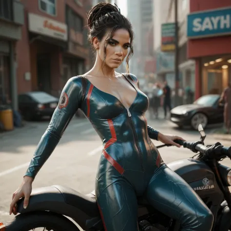 Panam Palmer, Cyberpunk2077 Panam Palmer, Hot, brunette, fit, Hot, erotic, bodysuit, jumpsuit, tight clothes, revealing, on a motorbike, erotic pose, cinematic,