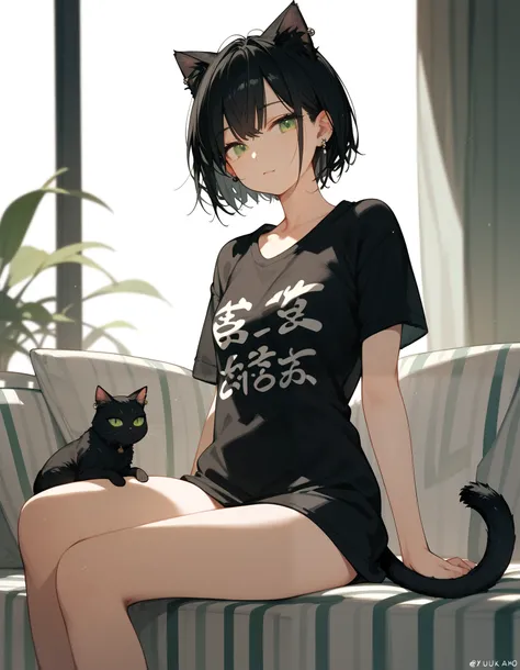 alone,short haired black cat ears girl, in green eyes , small breasts,Black yukata,Cat Ear Piercing , black hair,sit and play,funny, Black T-Shirt ,milf, Slim ,With black tail ,Lazy 