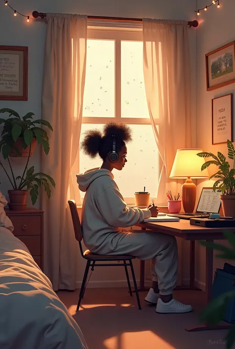 That sounds like a really cozy and expressive scene to create! Here’s a detailed scenario idea for your lofi video:

### **Setting:**
- **Room:** The girl’s room is cozy, with soft lighting coming from a dim lamp or fairy lights strung around the room, cas...