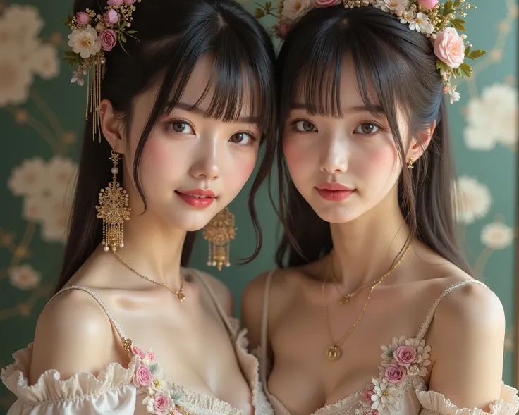 nsfw, Japanese,  2 girls are having fun , Japanese actresses, Very young face, masterpiece,  High Quality ,  head tilt, Taisho period, steampunk, Narrow shoulders, viewers, Small face, lean forward,, （ super huge breasts:1.2）