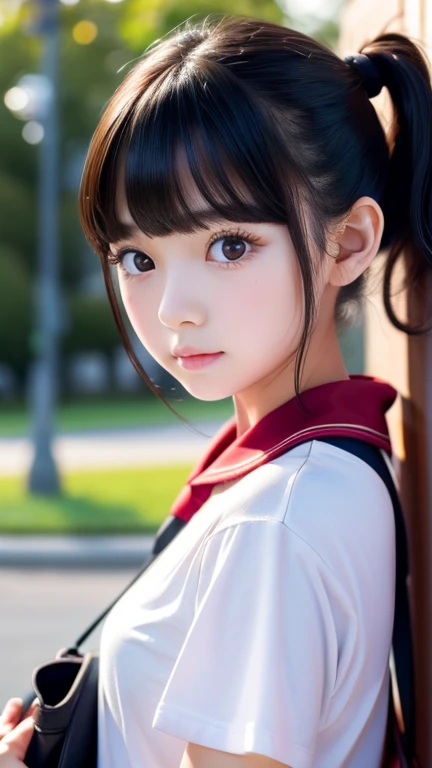   beautiful girl alone、 Night Park Restroom、beautiful face with shade、 young,  Very White Skin 、The ultimate beauty、 beautiful black hair、On a ponytail knot、Small lips、Red school bag、Long bangs between the eyes,、Extraordinarily beautiful 、big,  dark,  clea...