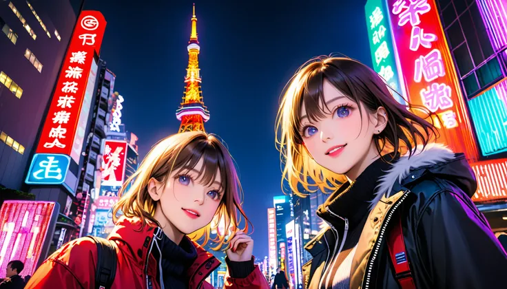 Two American model women happily taking commemorative photos near Tokyo Tower, illuminated by neon lights, at night