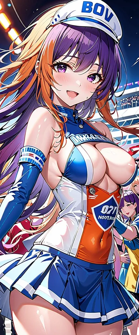  female 1 person,,(((Shining Race Queen&#39; Highly revealing uniforms, tight miniskirt )))(((、 Open Mouth Smile )),(((portrait))),crowd,,( is sweaty)( Thigh High Boots)((( beautiful breasts )))(()),Asuka Ninomiya, ,  orange hair, long hair,bangs, purple h...