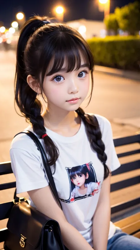   beautiful girl alone、Sit on a park bench at night、beautiful face with shade、 young,  Very White Skin 、The ultimate beauty、 beautiful black hair、On a ponytail knot、Small lips、Red school bag、Long bangs between the eyes,、Extraordinarily beautiful 、big,  dar...