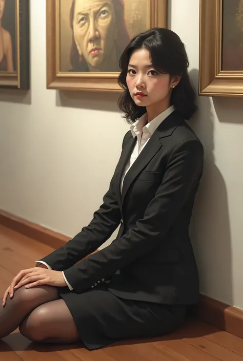 masterpiece, 8k, Photorealistic, beautiful Japanese mature woman, beautiful office worker, detailed face, business suits, pencil skirt, pantyhose, sitting on the floor, art gallery