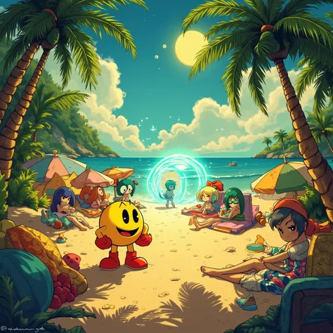 PacMan arrives at a tropical beach with several lovely Pac Babes out sunning in the tropical paradise. Glowing door portal by the shore
