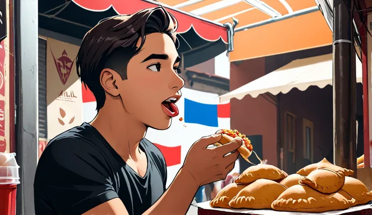 a young Latino man eating empanadas in a street stall