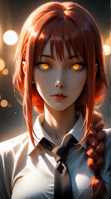 best quality, illustrator anime, style retro classic, A beautifully detailed, portrait of Makima from Chainsaw Man, with red braided hair, bangs, and piercing yellow and golden ringed eyes. She wears a white shirt and necktie, with intricate skin texture a...