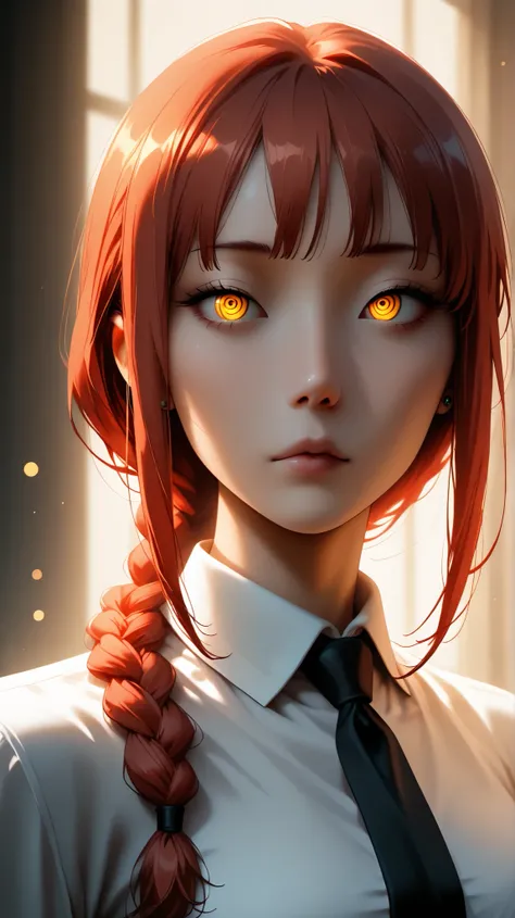 best quality, illustrator anime, style retro classic, A beautifully detailed, portrait of Makima from Chainsaw Man, with red braided hair, bangs, and piercing yellow and golden ringed eyes. She wears a white shirt and necktie, with intricate skin texture a...