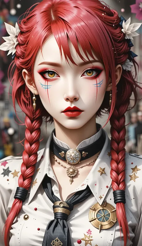 A beautifully detailed, photorealistic 8K masterpiece portrait of Makima from Chainsaw Man, with red braided hair, bangs, and piercing yellow and golden ringed eyes. She wears a white shirt and necktie, with intricate skin texture and pores. The image is s...