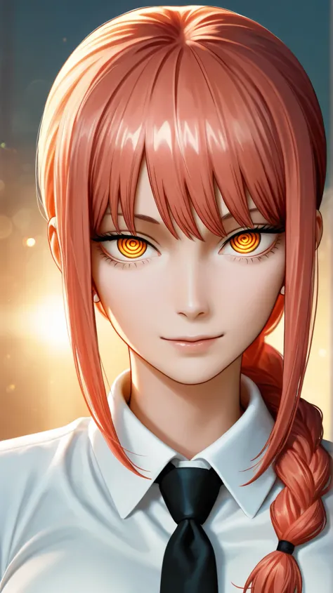 best quality, illustrator anime, style retro classic, A beautifully detailed, photorealistic 8K masterpiece portrait of Makima from Chainsaw Man, with red braided hair, bangs, and piercing yellow and golden ringed eyes. She wears a white shirt and necktie,...