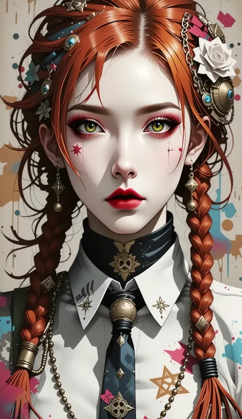 A beautifully detailed, photorealistic 8K masterpiece portrait of Makima from Chainsaw Man, with red braided hair, bangs, and piercing yellow and golden ringed eyes. She wears a white shirt and necktie, with intricate skin texture and pores. The image is s...