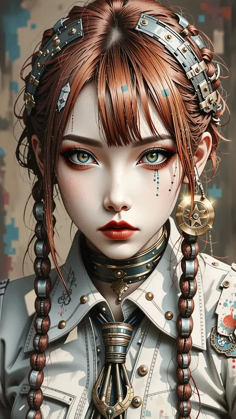 A beautifully detailed, photorealistic 8K masterpiece portrait of Makima from Chainsaw Man, with red braided hair, bangs, and piercing yellow and golden ringed eyes. She wears a white shirt and necktie, with intricate skin texture and pores. The image is s...